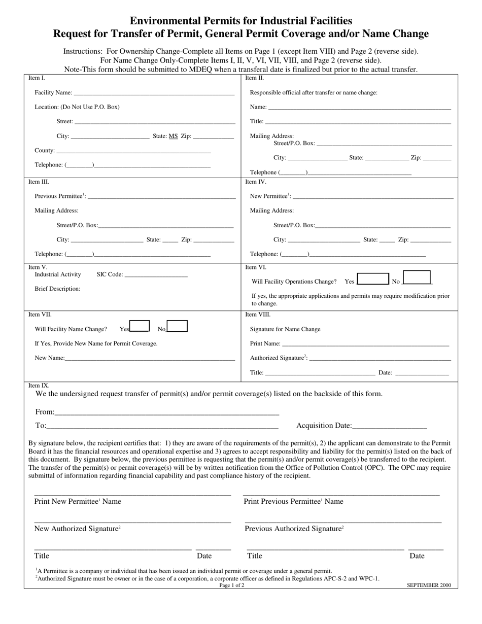 Request for Transfer of Permit, General Permit Coverage and / or Name Change - Mississippi, Page 1