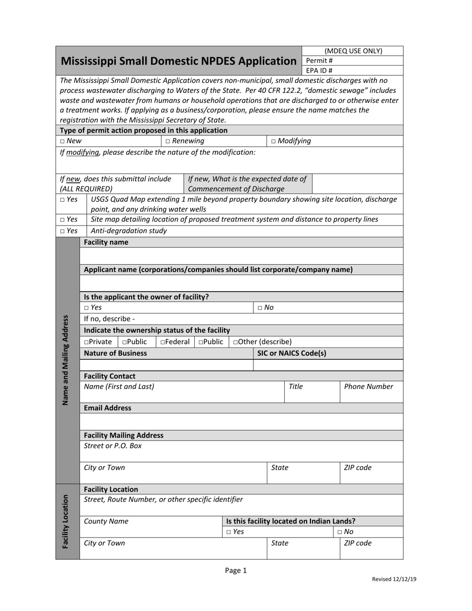 Mississippi Small Domestic Npdes Application - Mississippi, Page 1