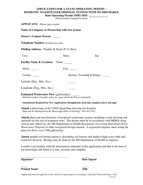 Application for a State Operating Permit - Domestic Wastewater Disposal System With No Discharge - Mississippi