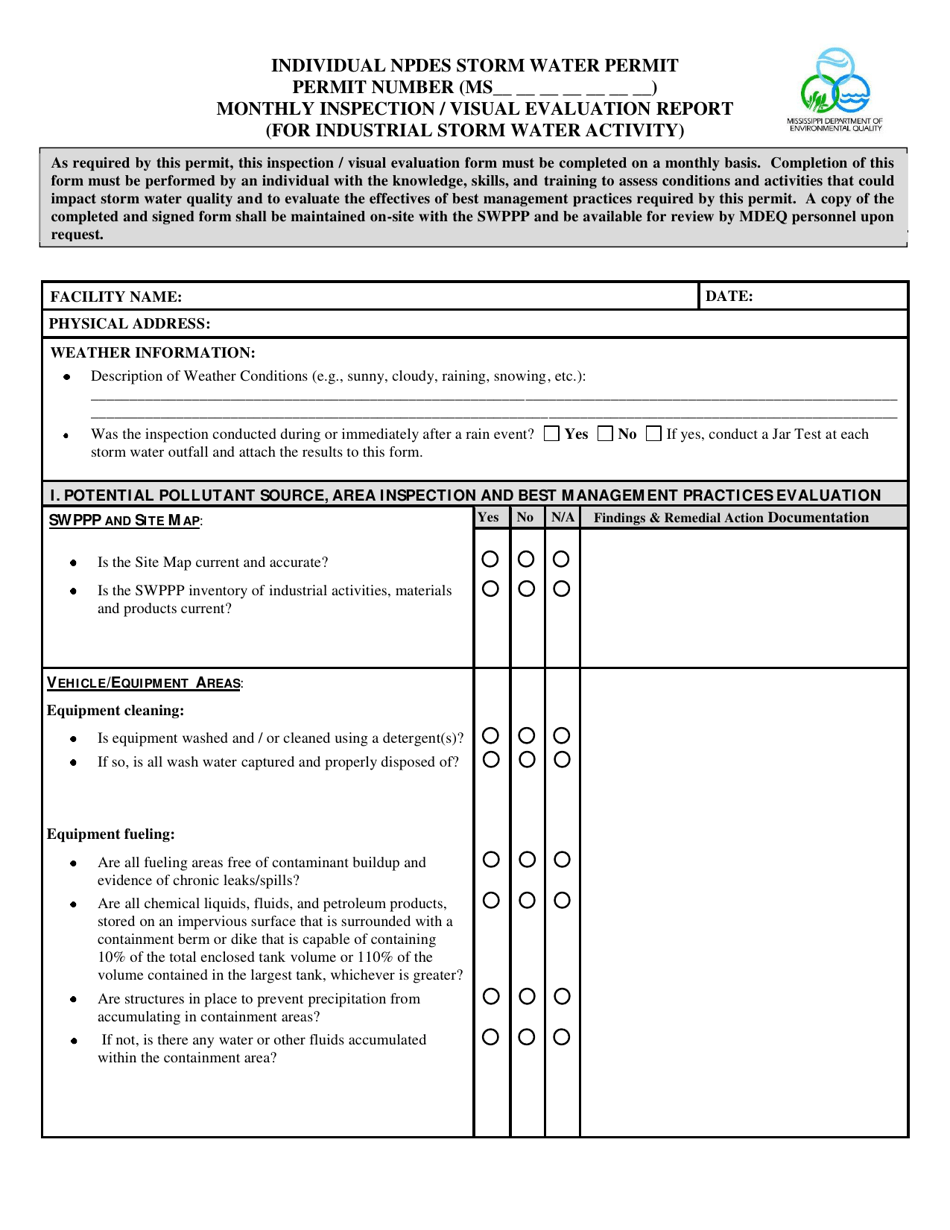 Individual Npdes Storm Water Permit Monthly Inspection / Visual Evaluation Report (For Industrial Storm Water Activity) - Mississippi, Page 1