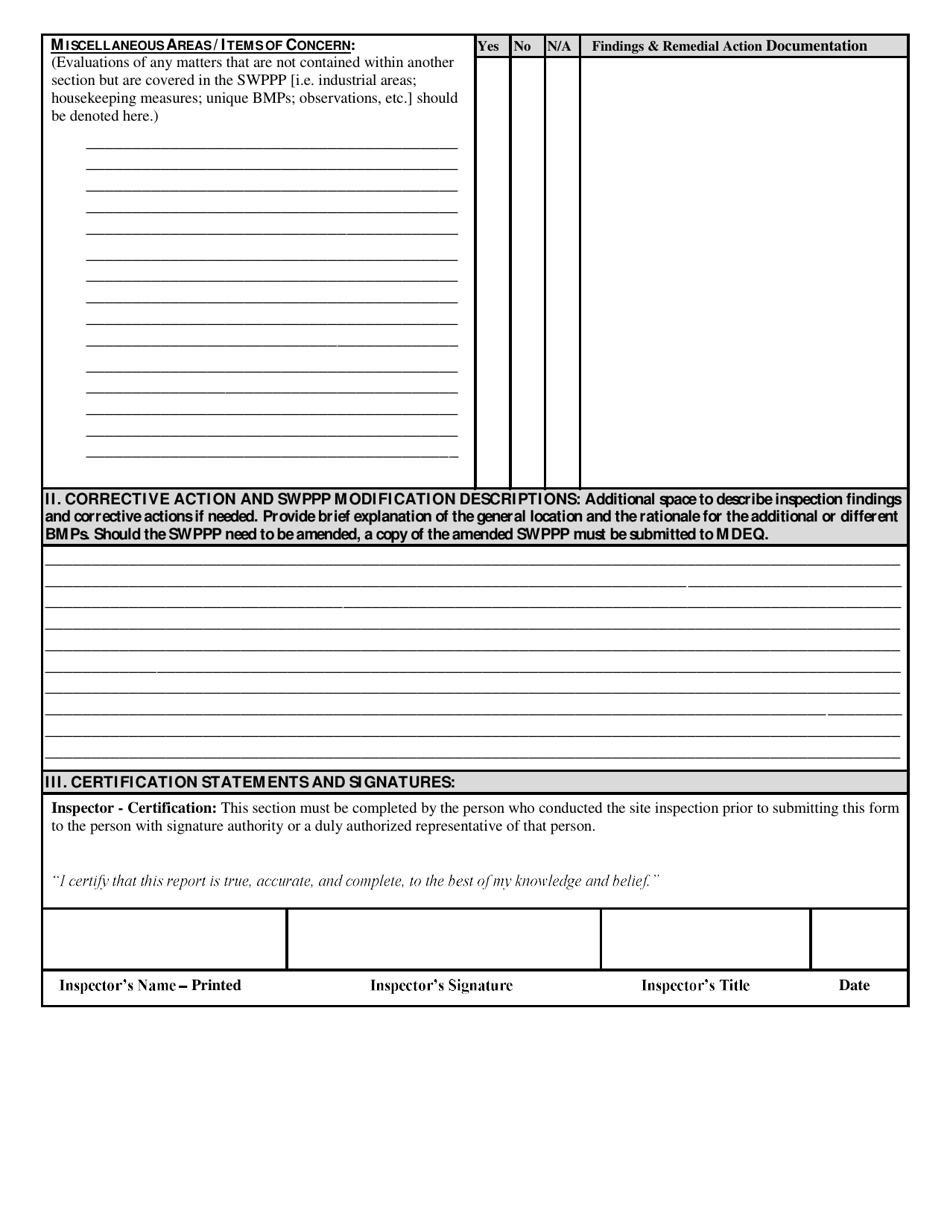 Individual Npdes Storm Water Permit Monthly Inspection / Visual Evaluation Report (For Industrial Storm Water Activity) - Mississippi, Page 4