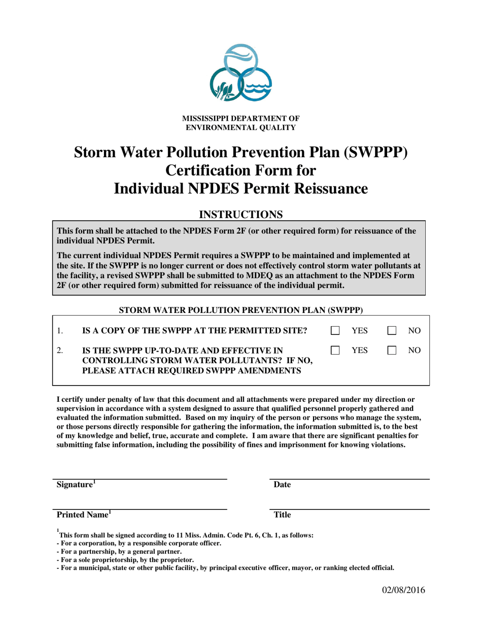 Storm Water Pollution Prevention Plan (Swppp) Certification Form for Individual Npdes Permit Reissuance - Mississippi, Page 1