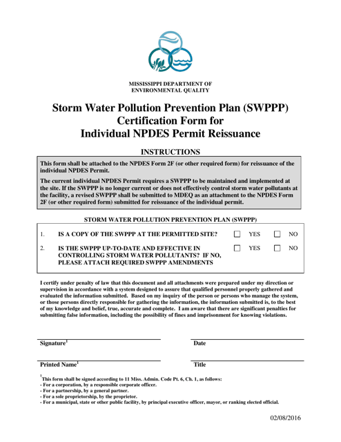 Storm Water Pollution Prevention Plan (Swppp) Certification Form for Individual Npdes Permit Reissuance - Mississippi Download Pdf