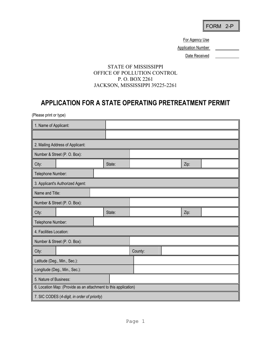 Form 2-P Application for a State Operating Pretreatment Permit - Mississippi, Page 1