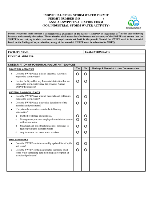 Individual Npdes Storm Water Permit Annual Swppp Evaluation Form (For Industrial Storm Water Activity) - Mississippi