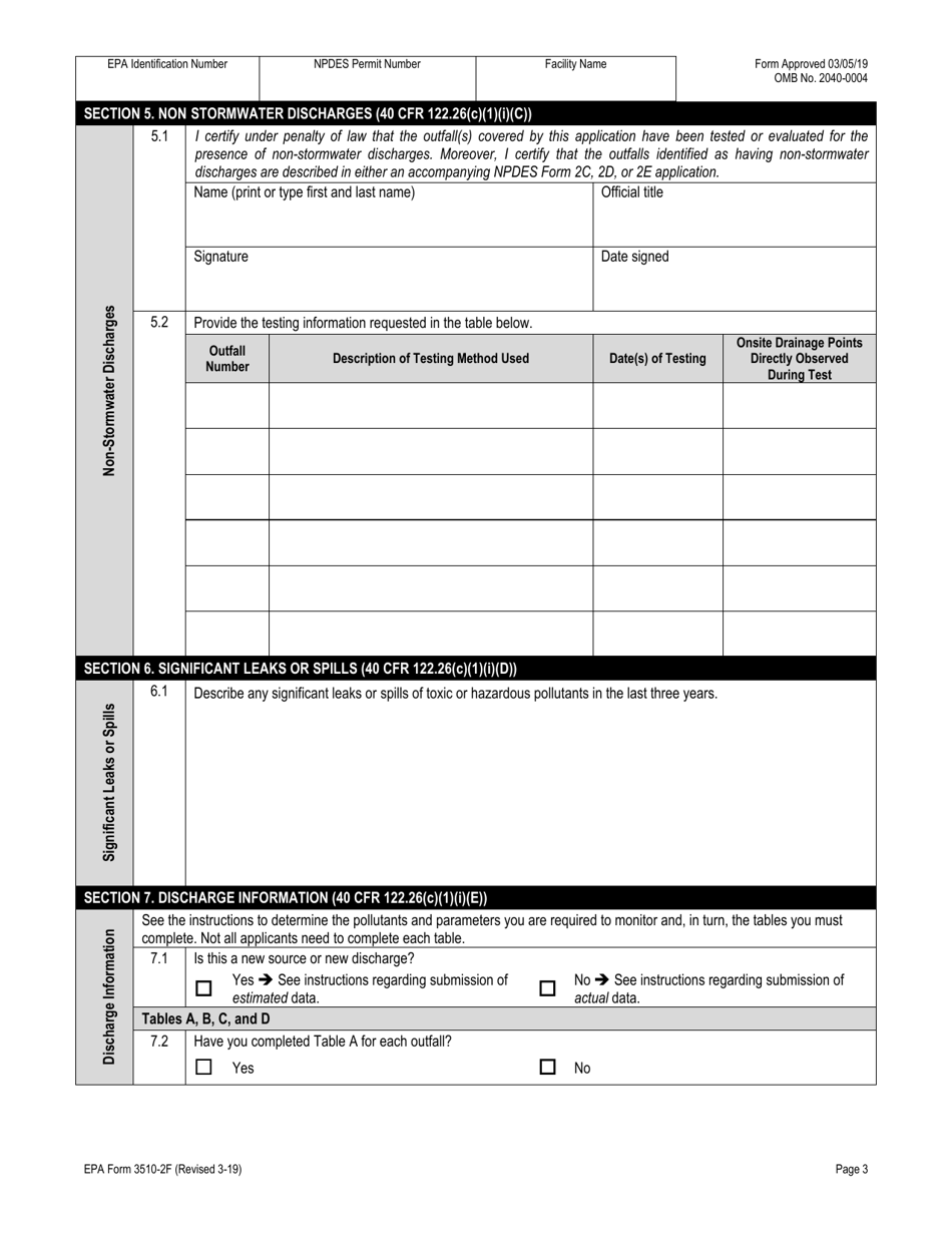 NPDES Form 2F (EPA Form 3510-2F) Application for Npdes Permit to Discharge Wastewater, Page 19