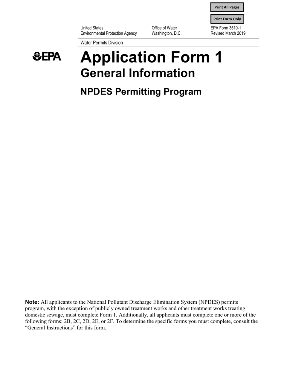 NPDES Form 1 (EPA Form 3510-1) Application for Npdes Permit to Discharge Wastewater, Page 1