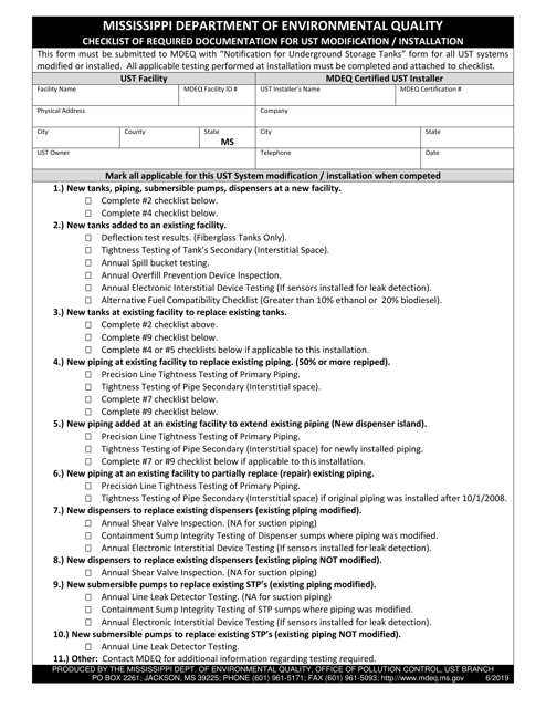 Checklist of Required Documentation for Ust Modification/Installation - Mississippi