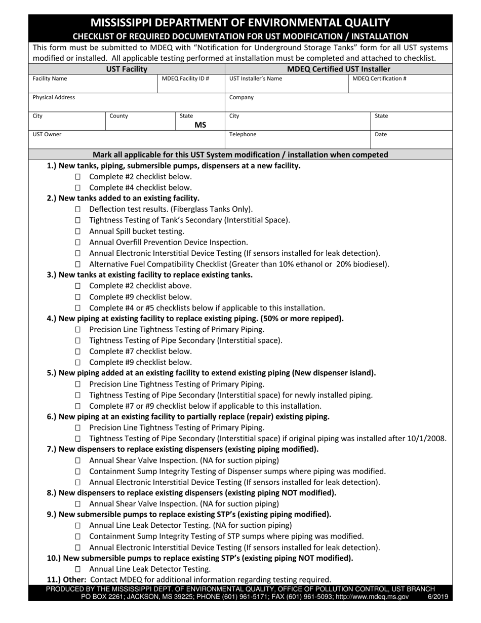 Checklist of Required Documentation for Ust Modification / Installation - Mississippi, Page 1