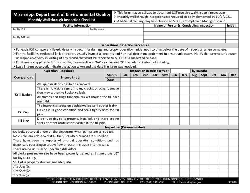 Monthly Walkthrough Inspection Checklist - Mississippi Download Pdf