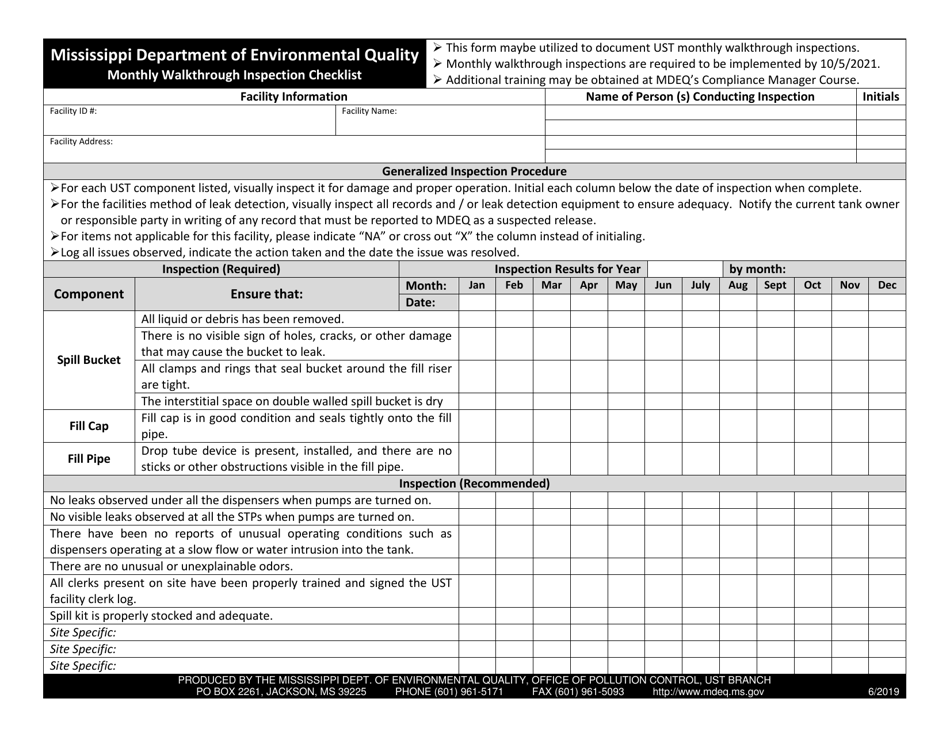 Mississippi Monthly Walkthrough Inspection Checklist Download Fillable Pdf Templateroller