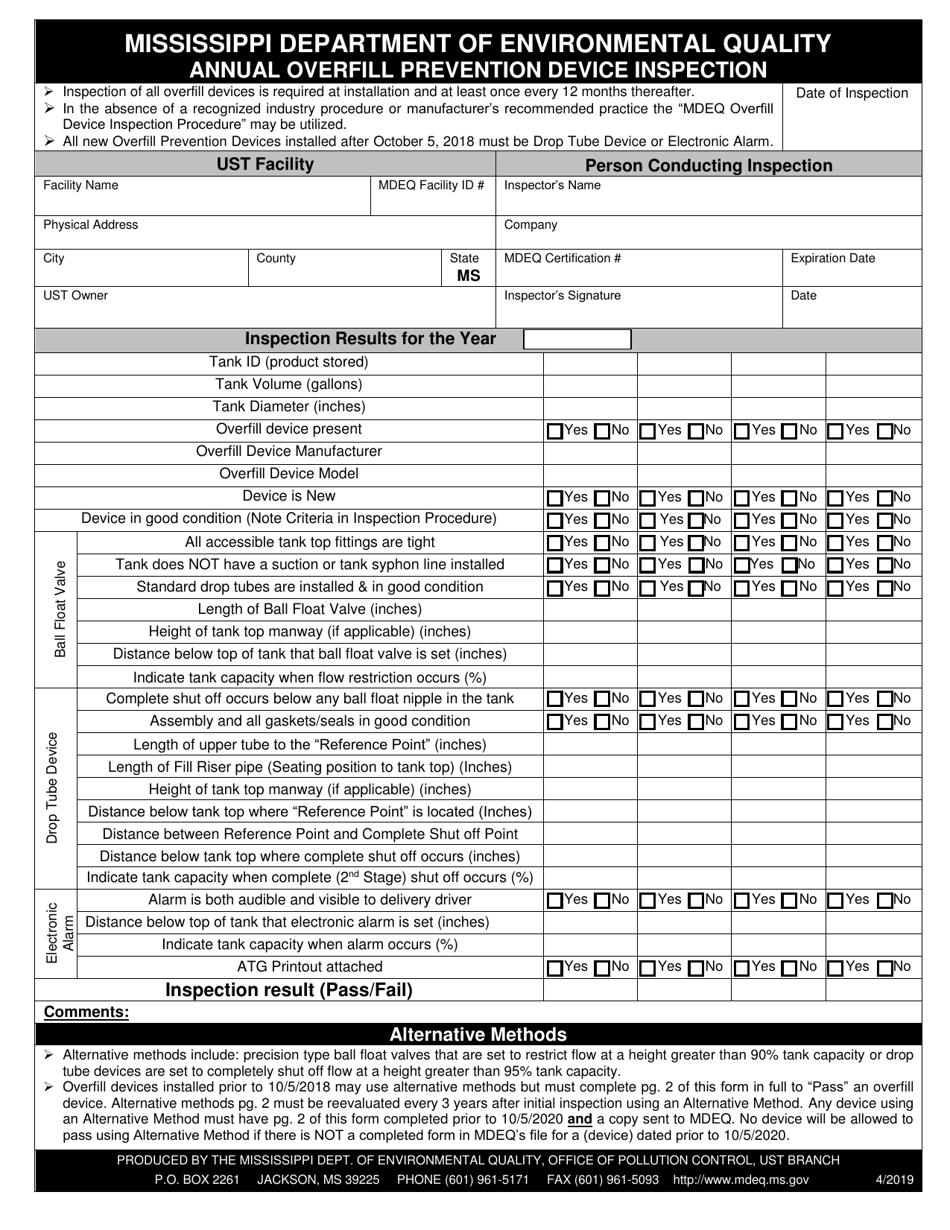 Mississippi Annual Overfill Prevention Device Inspection - Fill Out ...