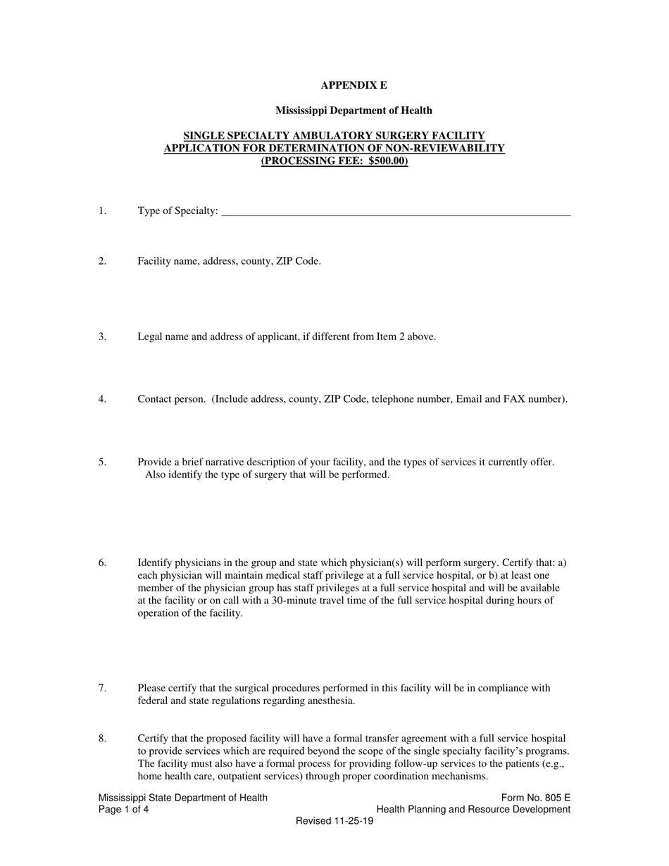 Form 805 E Appendix E Single Specialty Ambulatory Surgery Facility Application for Determination of Non-reviewability - Mississippi, Page 1