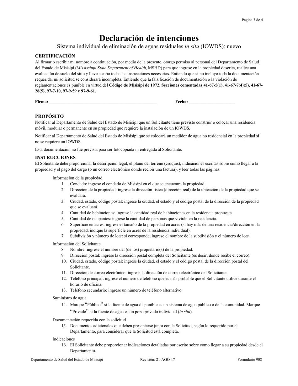 Formulario 908 Declaracion De Intenciones - Mississippi (Spanish), Page 3