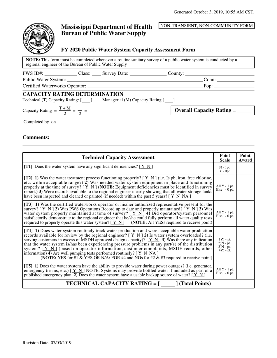 Capacity Assessment / Inspection Forms for Non-transient Non-community Systems - Mississippi, Page 1