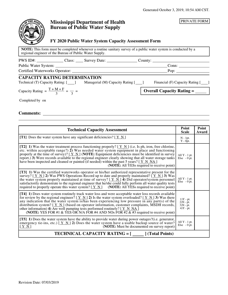 Capacity Assessment / Inspection Forms for Private (For Profit) Water Systems - Mississippi, Page 1