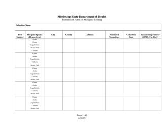 Form 1140 Submission Form for Mosquito Testing - Mississippi