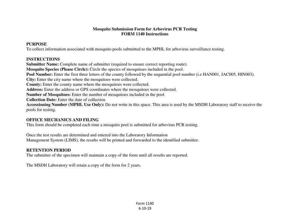 Form 1140 Submission Form for Mosquito Testing - Mississippi, Page 2