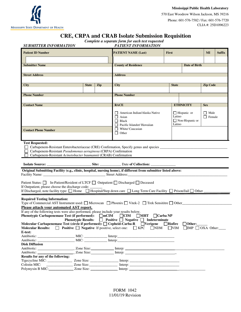 Form 1042 Cre, Crpa and Crab Isolate Submission Requisition - Mississippi, Page 1
