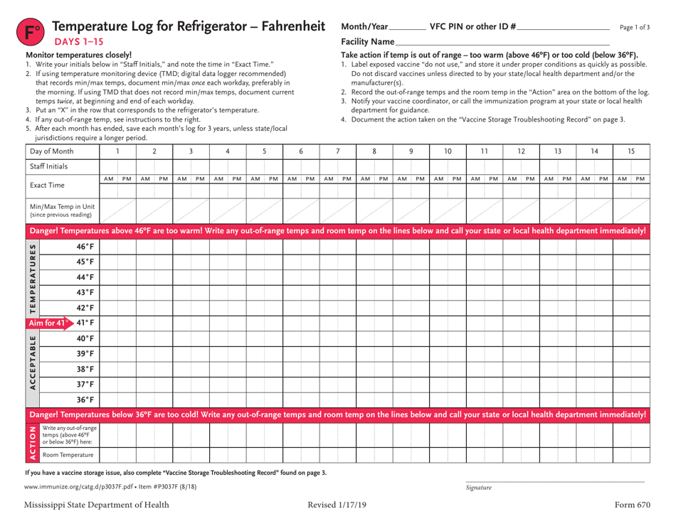Form 670 Temperature Log for Refrigerator - Fahrenheit - Mississippi, Page 1