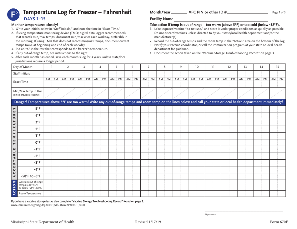 Form 670F Temperature Log for Freezer - Fahrenheit - Mississippi, Page 1