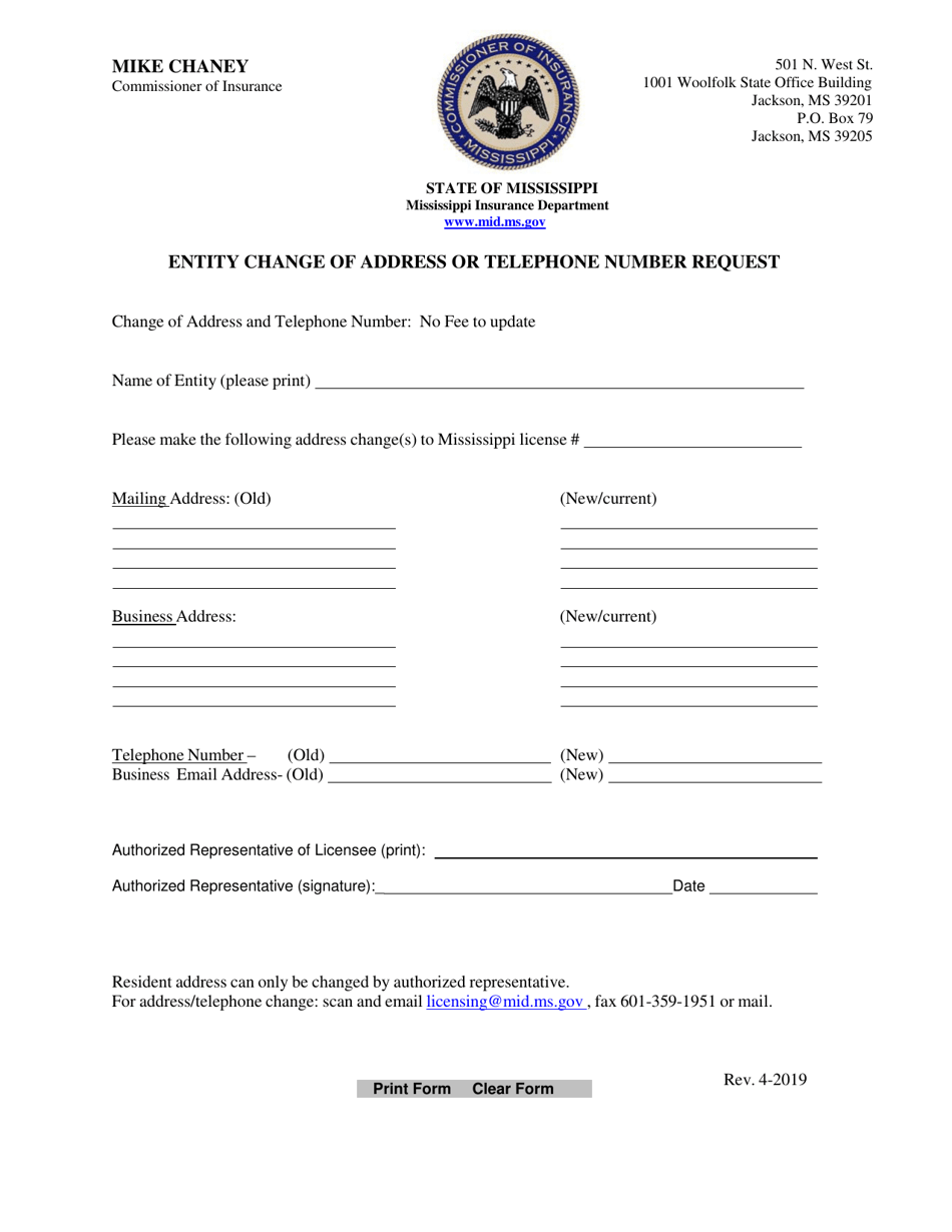 Mississippi Entity Change of Address or Telephone Number Request Fill