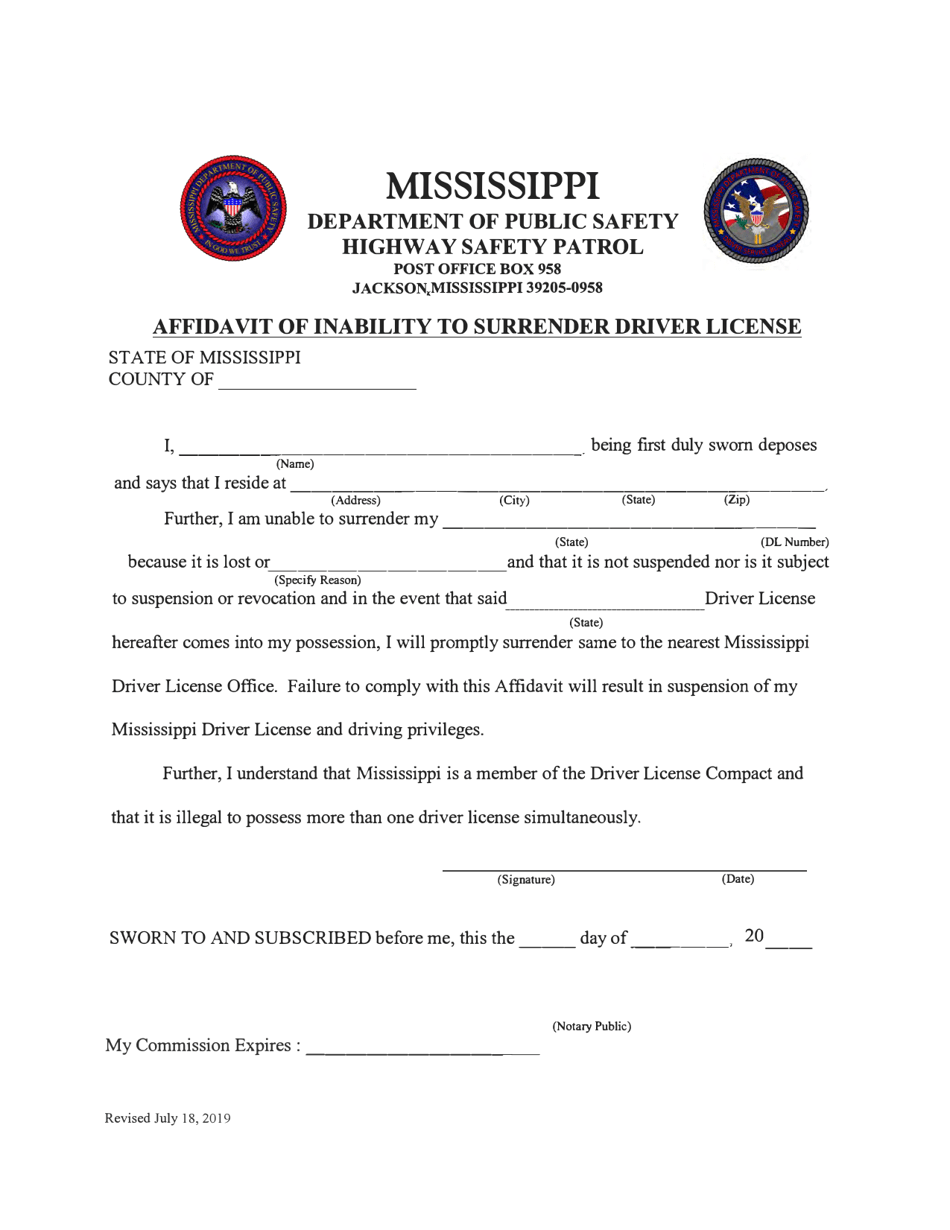 Affidavit of Inability to Surrender Driver License - Mississippi, Page 1
