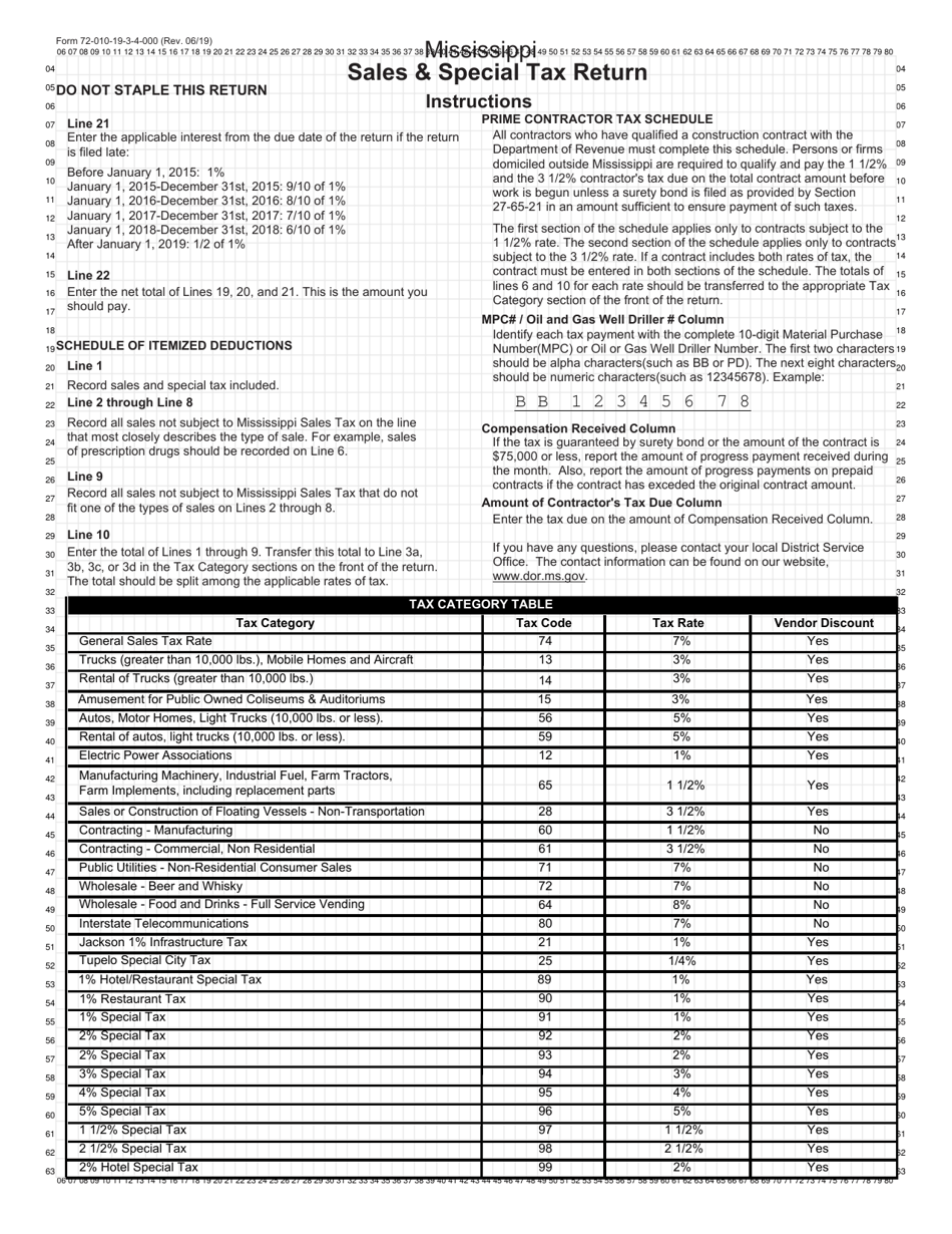 Form 72-010-19-3 Sales  Special Tax Return - Mississippi, Page 4