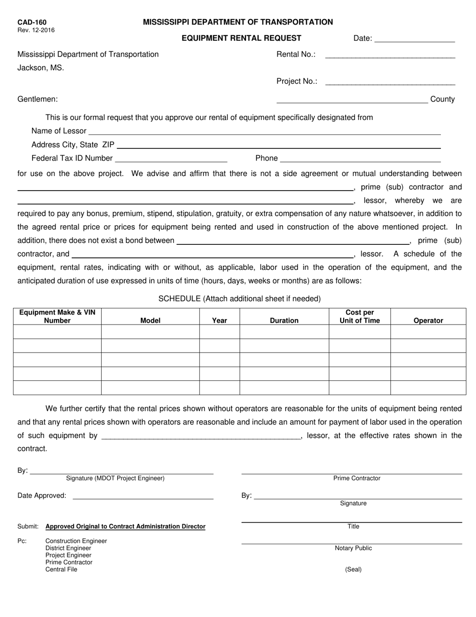 Form CAD-160 Equipment Rental Request - Mississippi, Page 1
