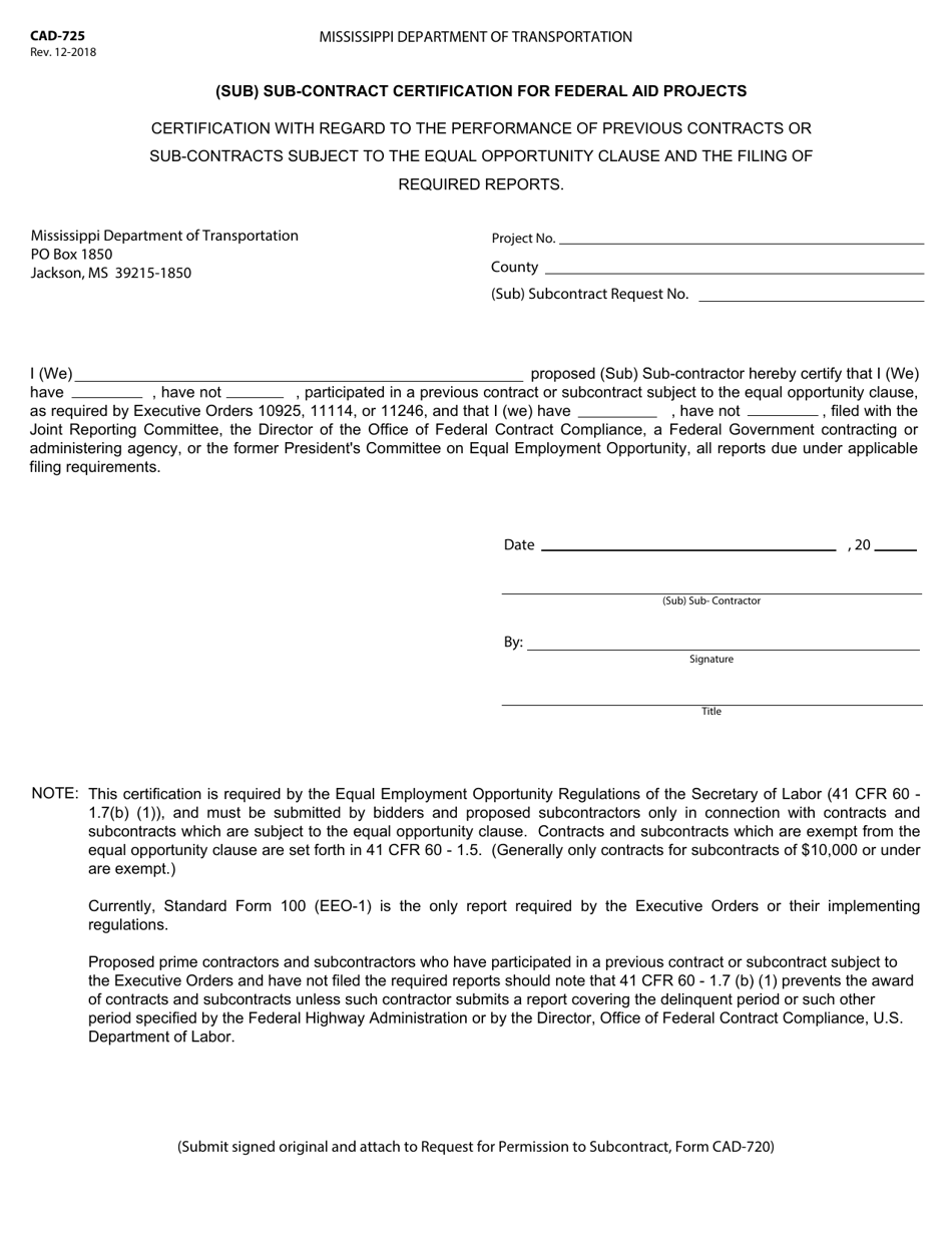 Form CAD-725 (Sub) Sub-contract Certification for Federal Aid Projects - Mississippi, Page 1