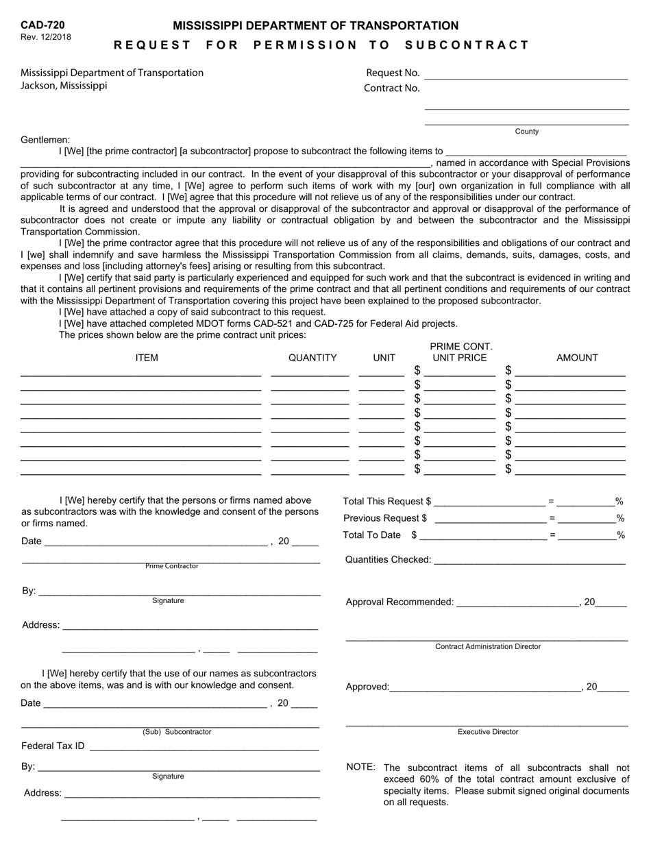 Form CAD-720 Request for Permission to Subcontract - Mississippi, Page 1