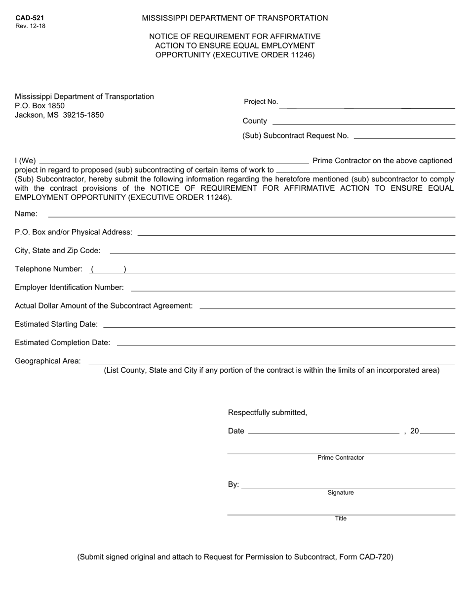 Form CAD-521 Notice of Requirement for Affirmative Action to Ensure Equal Employment Opportunity (Executive Order 11246) - Mississippi, Page 1