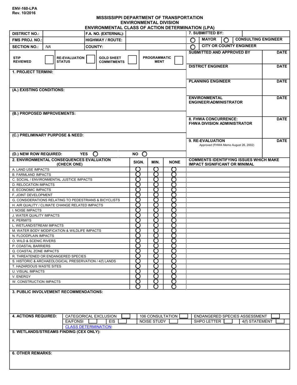 Form ENV-160-LPA Environmental Class of Action Determination (Lpa) - Mississippi, Page 1