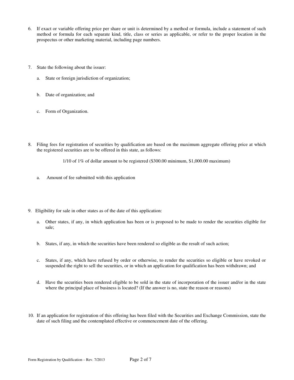 Application for Registration of Securities by Qualification Pursuant to the Requirements of 75-71-304 of the Mississippi Securities Act of 2010 - Mississippi, Page 2