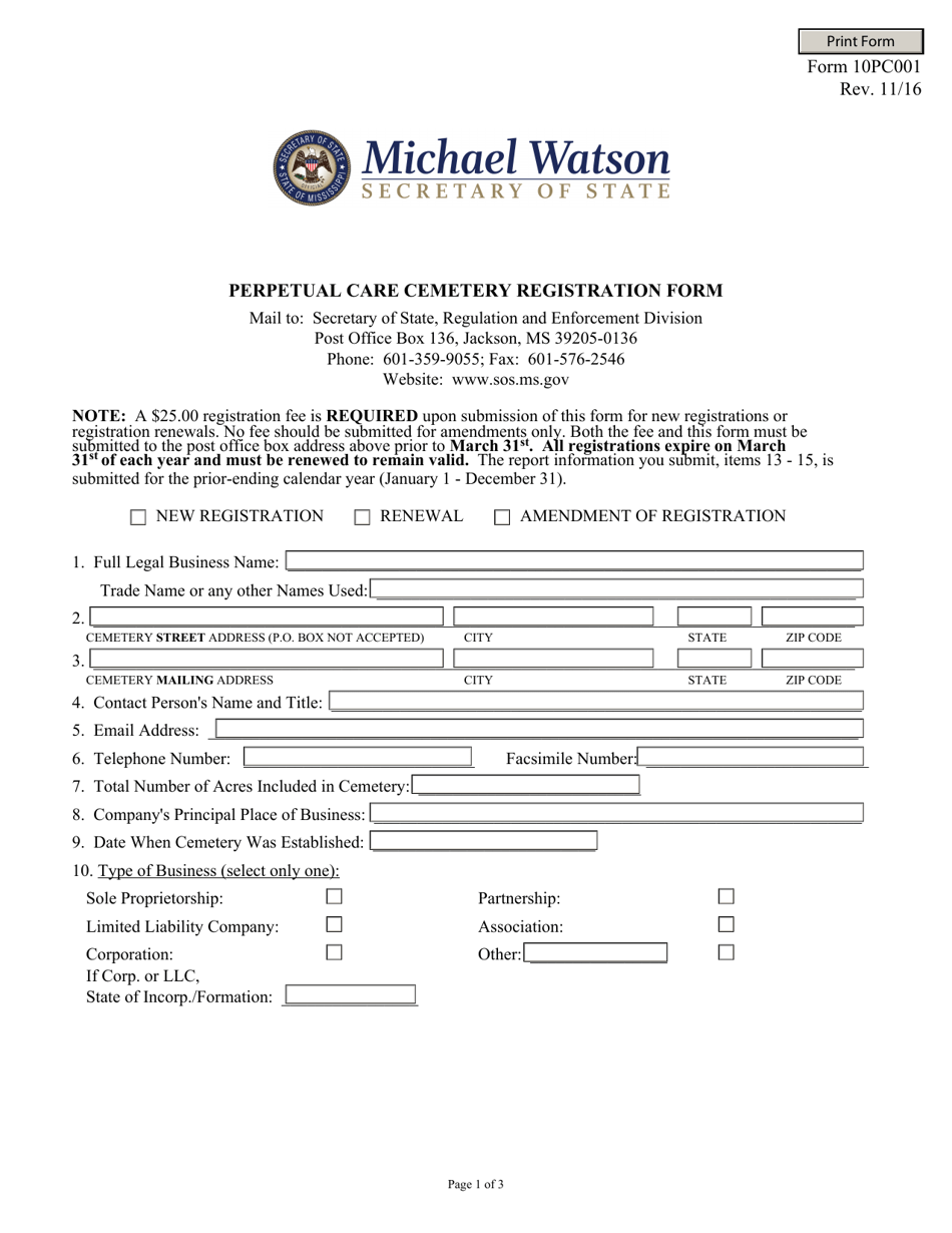 Form 10PC001 Perpetual Care Cemetery Registration Form - Mississippi, Page 1