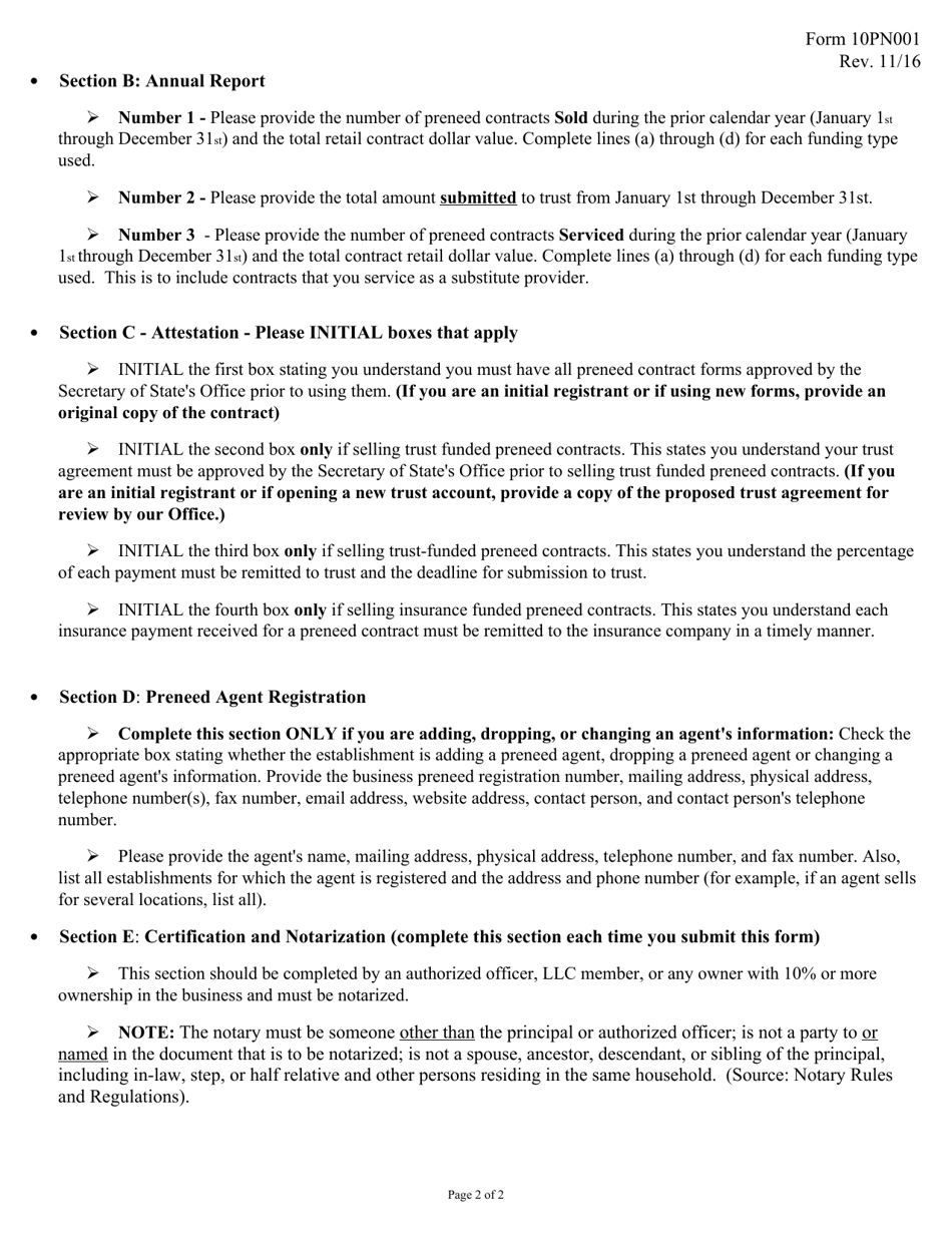 Form 10PN001 Application for Registration or Renewal of Preneed Establishment - Mississippi, Page 2