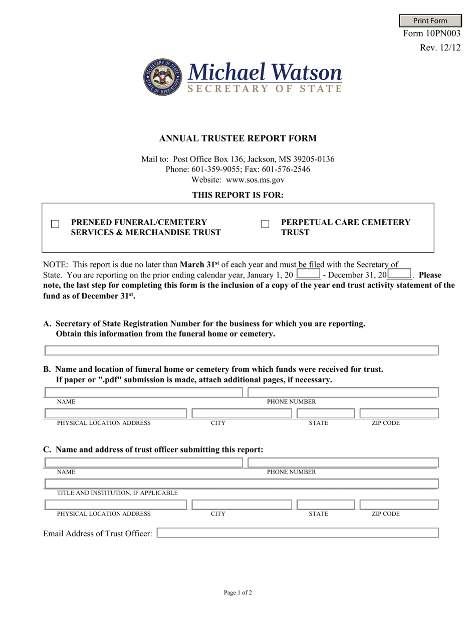 Form 10PN003 Annual Trustee Report Form - Mississippi, Page 1