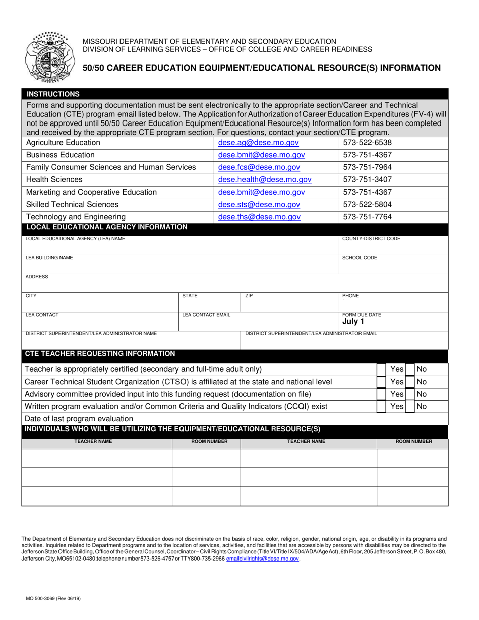 Form MO500-3069 50 / 50 Career Education Equipment / Educational Resource(S) Information - Missouri, Page 1