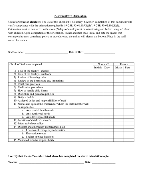 New Employee Orientation Checklist - Missouri Download Pdf