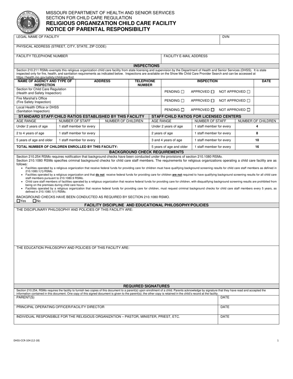 Form DHSS-CCR-104 Religious Organization Child Care Facility Notice of Parental Responsibility - Missouri, Page 1