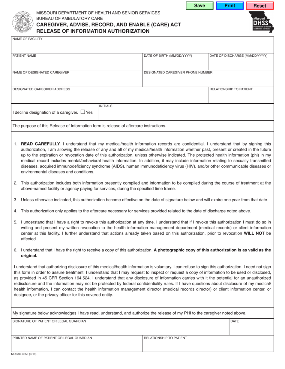 Form MO580-3258 Caregiver, Advise, Record, and Enable (Care) Act Release of Information Authorization - Missouri, Page 1