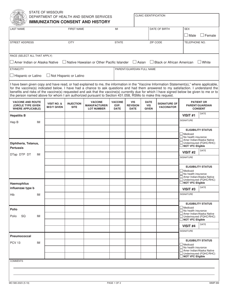 Form MO580-2023 Immunization Consent and History - Missouri, Page 1