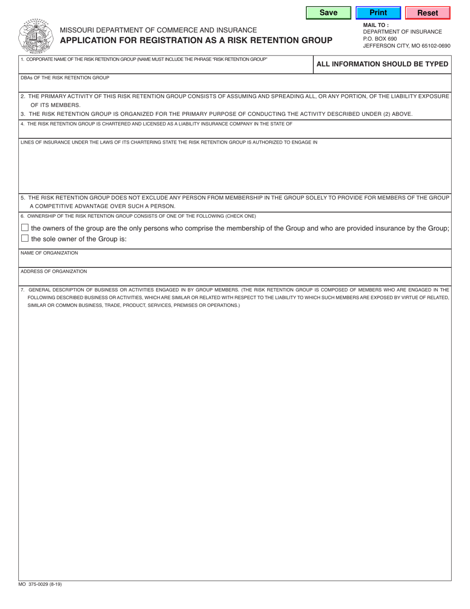 Form MO375-0029 Application for Registration as a Risk Retention Group - Missouri, Page 1