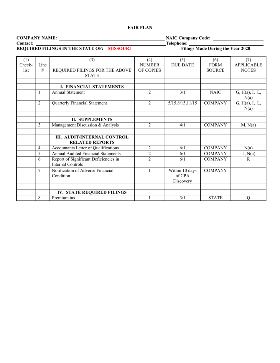 Fair Plan Checklist - Missouri, Page 1