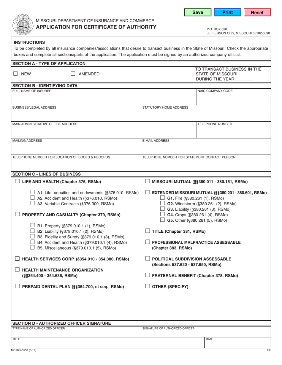 Form MO375-0558 Application for Certificate of Authority - Missouri, Page 1