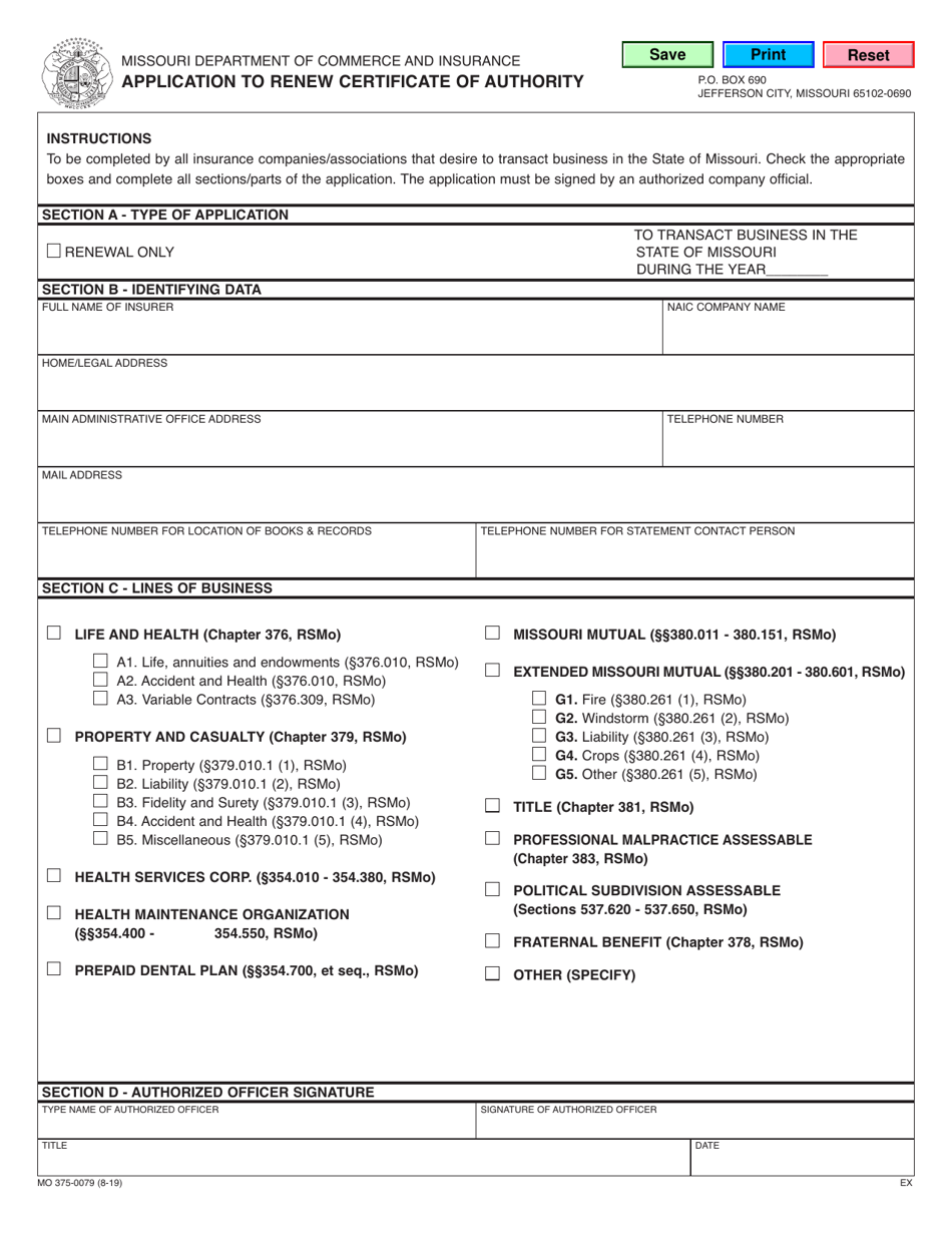 Form MO375-0079 Application to Renew Certificate of Authority - Missouri, Page 1