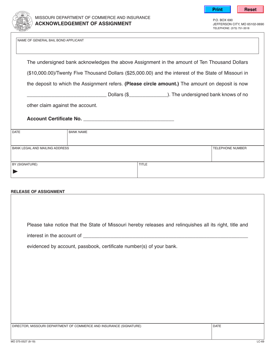 Form MO375-0527 Acknowledgement of Assignment - Missouri, Page 1
