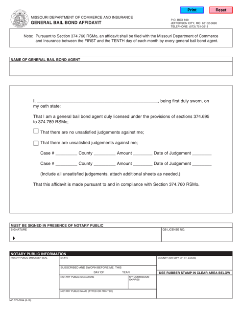 Form MO375-0034 General Bail Bond Affidavit - Missouri