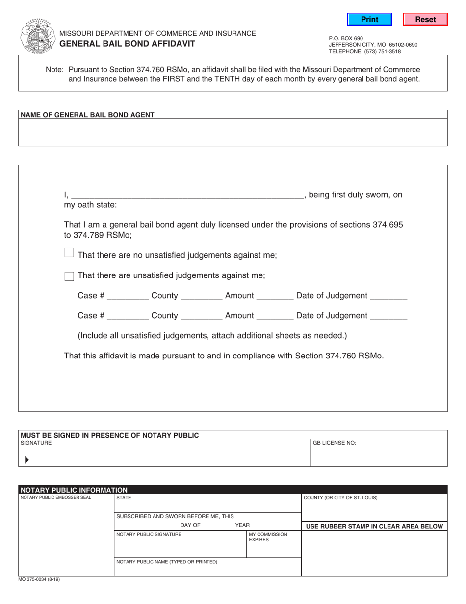 Form MO375-0034 General Bail Bond Affidavit - Missouri, Page 1