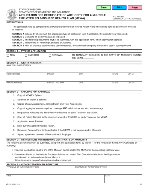 Form MO375-1804 Application for Certificate of Authority for a Multiple Employer Self-insured Jealth Plan (Mewa) - Missouri